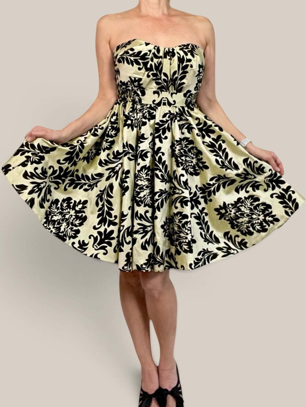 Atelier Alyce Flocked Damask Strapless Dress Ivory Black Pockets 12 NWT